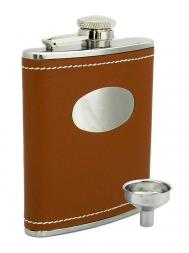 Peterson Hip Flask FLA135 Brown Leather w/Engraving Plate 6oz