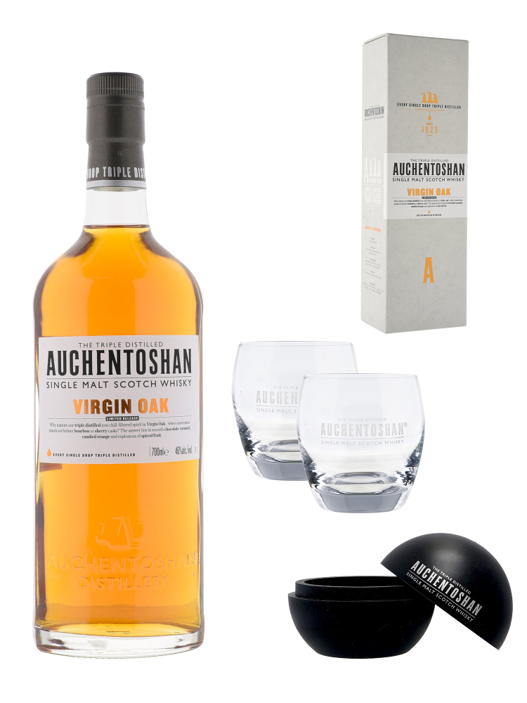 Auchentoshan Virgin Oak Single Malt Whisky 700ml w/2 whisky glasses and ice ball mould